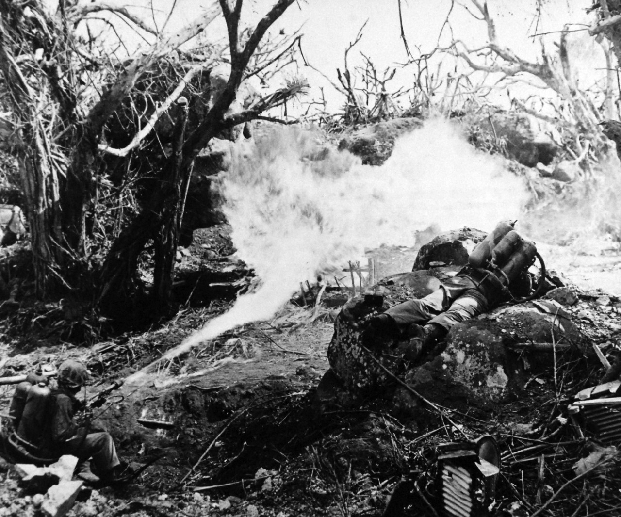 80-G-304860:  Battle for Iwo Jima, February 19, 1945.   U.S. Marines advance from the beach on Iwo Jima toward the airstrip which is bitterly contested by the Japanese in hidden caves.  Shown:  Two Privates throwing fire at the defenses which blocked the way to Mount Suribachi.  Left to right:  Private Richard Klatt and Private Wilfred Voageli.   Official U.S. Navy Photograph now in the collections of the National Archives.  (2016/01/19).