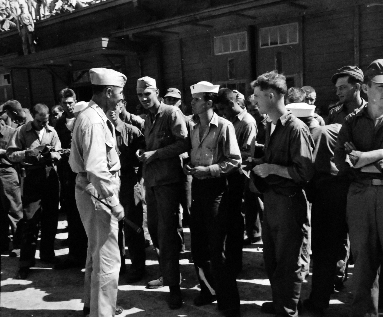 127-GW-1503-134170:  Prisoner of War Camp, Yokosuka, Japan, 1945.    General William T. Clement, USMC, and Prisoners of War, Yokosuka, Japan, September 1945.   Official U.S. Marine Corps photograph, now in the collection of the National Archives.  (2014/6/5).  