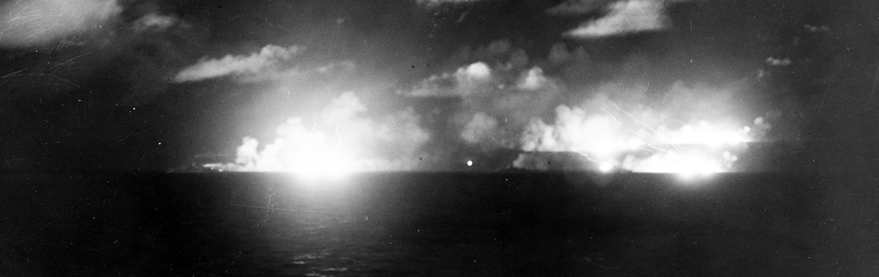 Image:  80-G-288493:   Battle of Suriago Strait, October 24-25, 1944.   U.S. Navy cruisers firing on the Japanese Fleet.   Official U.S. Navy Photograph, now in the collection of the National Archives.   