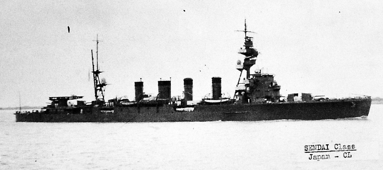 LC-Lot-2406-42:  Japanese cruiser of the Sendai class, undated.   Lead ship Sendai was sunk at the Battle of Empress Augusta Bay, November 2-3, 1943.   Halftone copy from the files of the Department of Naval Intelligence, June 1943.   Courtesy of the Library of Congress.  (2016/05/12).