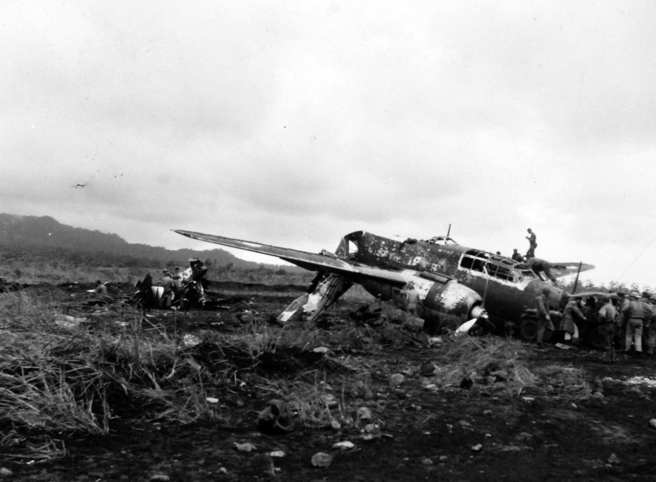 80-G-57482:  Battle of Cape Gloucester, New Britain, December 1943-January 1944.  Damaged Japanese planes on strip #2.  Photographed by USS Nashville (CL-43), December 24-26, 1943.   Official U.S. Navy Photograph, now in the collection of National Archives (2018/04/25).
