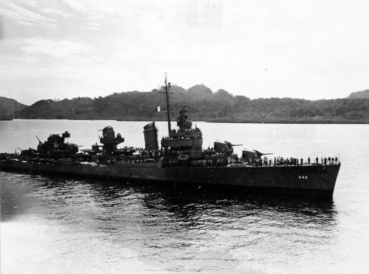 80-G-52889:  Battle of Kula Gulf, July 5-6, 1943.   USS Nicholas (DD-449) brings survivors of USS Helena (CL-50), sunk in the battle, to Tulagi, Solomon Islands.   Official U.S. Navy Photograph, now in the collections of the National Archives.  (2018/04/04).  