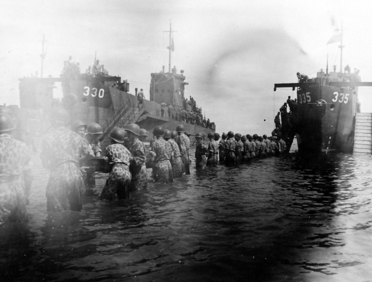 80-G-52697:   Rendova Island Invasion, June 30, 1943. Troops during the invasion aboard Landing Craft Infantry (Large),  LCI(L) 330 and LCI(L) 335 . Official U.S. Navy Photograph, now in the collections of the National Archives.  (2018/04/04).  