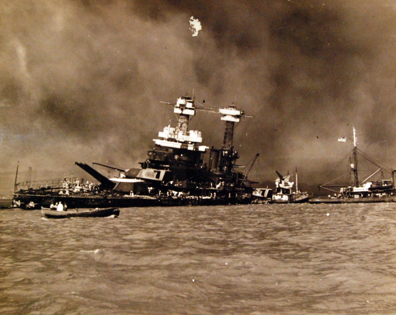 80-G-32740:   Japanese Attack on Pearl Harbor, December 7, 1941.   USS California (BB 44) after the attack.  Official U.S. Navy photograph, now in the collections of the National Archives. (9/9/2015).