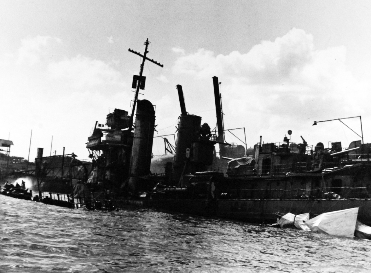 80-G-32753:   Japanese Attack on Pearl Harbor, December 7, 1941.  USS Shaw (DD 373) shown after the attack. Official U.S. Navy photograph, now in the collections of the National Archives.  (9/9/2015).