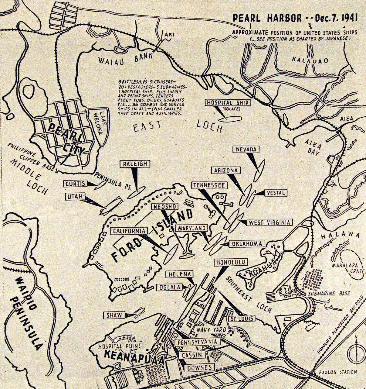 80-G-947105:  Map of Pearl Harbor, Hawaii, during the first six months of the Pacific war, released in connection with the publication of “Battle Report “ by Commander Walter Karig, USNR, and Lieutenant Welborne Kelley, USNR.   This map shows the approximate position of ships on December 7, 1941.   Photograph received November 27, 1944.  U.S. Navy photograph, now in the collections of the National Archives.        (7/22/2015).