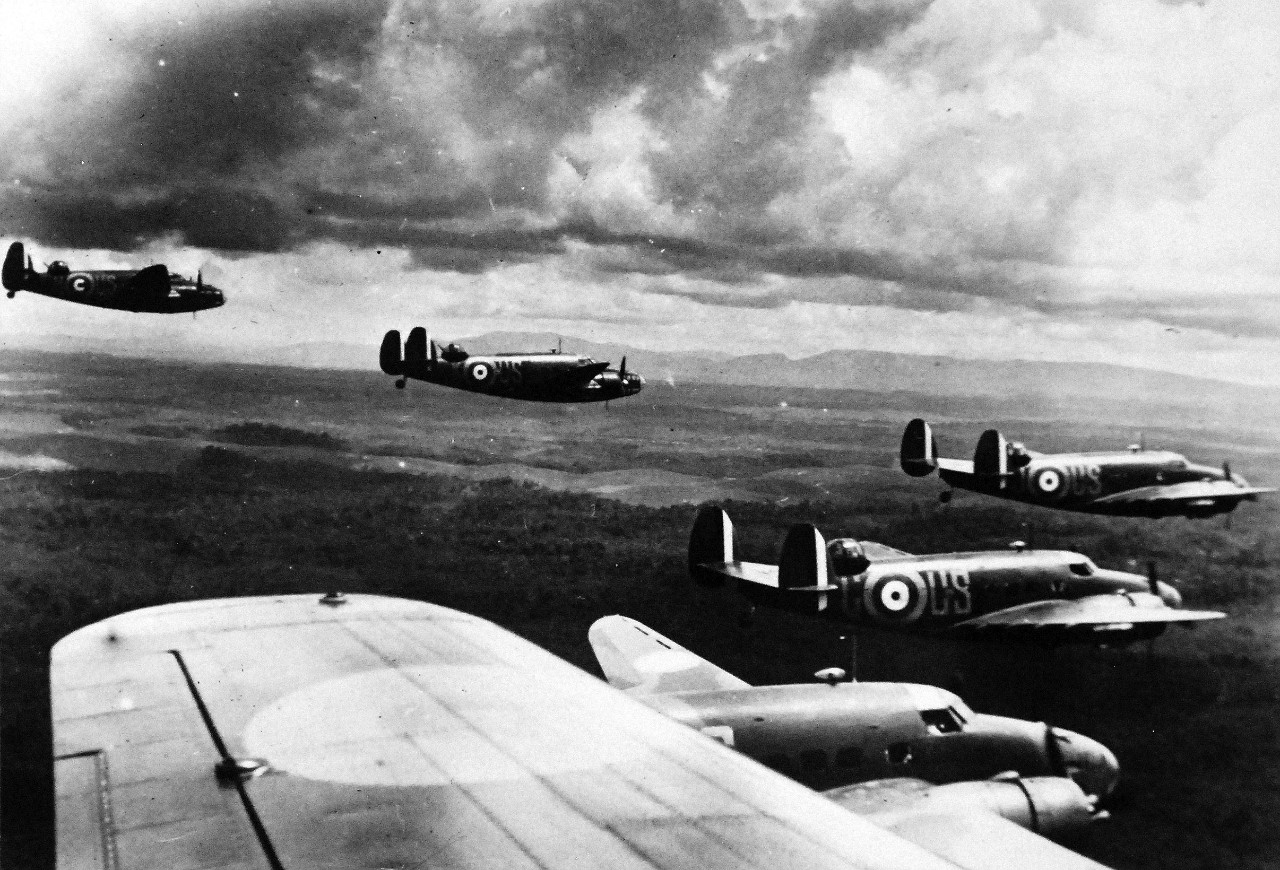 Lot 11612-10: Malayan Campaign, December 1941-January 1942.   Royal Australian Air Force Over Malaya, 1942. Important in the aerial defense of Malaya is the personnel from the Royal Australian Air Force flying American Lockheed A-29 “Hudsons” and Australian built “Wirraways”.  Wirraway is an Aboriginal word that means “challenge”.  This picture shows R.A.F. in the air with “Lockheed Hudsons” over Malaya.  Office War Information Photograph. Courtesy of the Library of Congress. (2016/01/22).