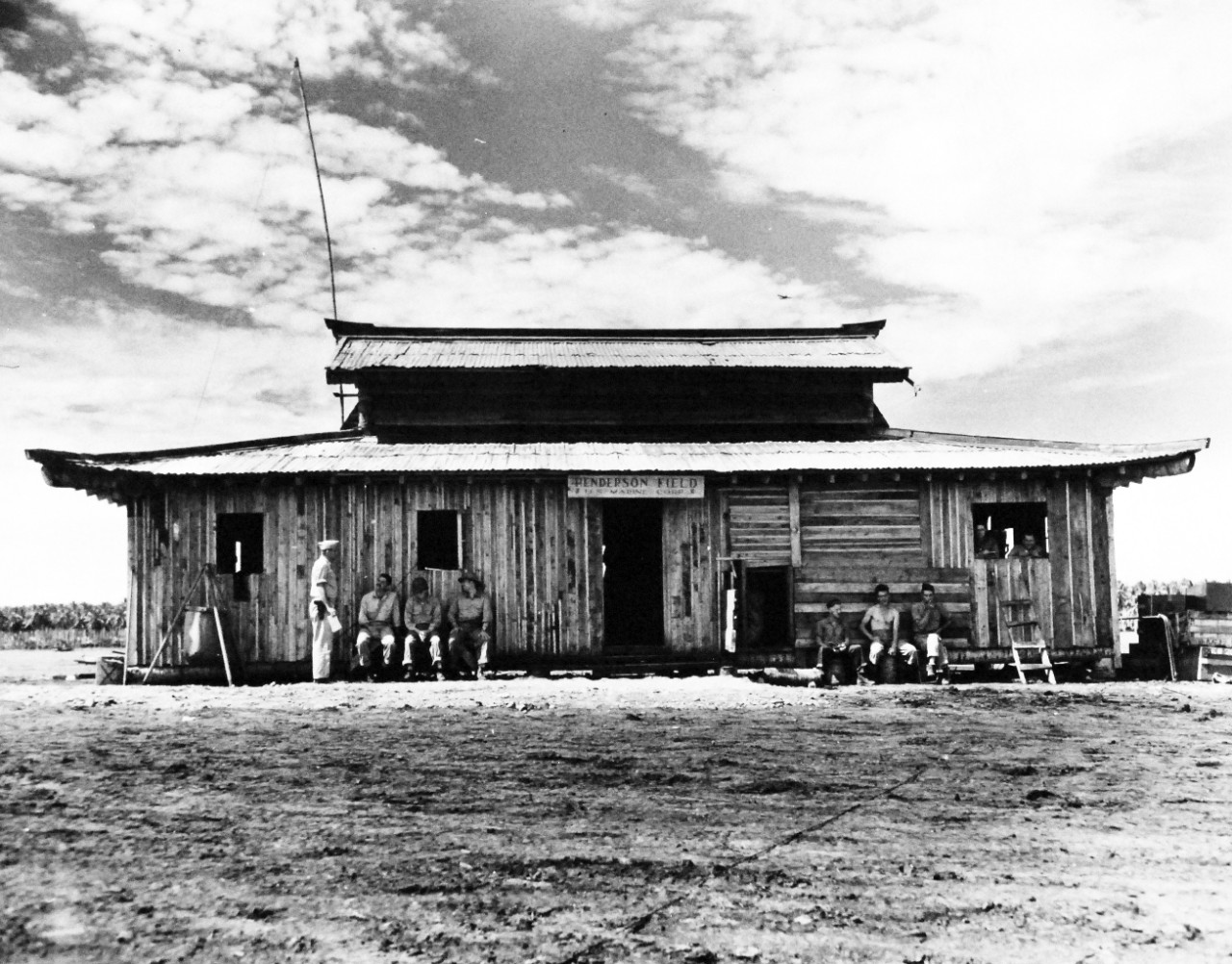 80-G-20703:  Guadalcanal Campaign, August 1942-February 1943.   Pagoda, used by headquarters for Marine and Navy fliers at Henderson Field, Guadalcanal Island.  After surviving numerous Japanese bombings, the building was torn down following a near miss which rendered it useless as a shelter. U.S. Navy photograph, now in the collections of the National Archives.  (2015/11/17).