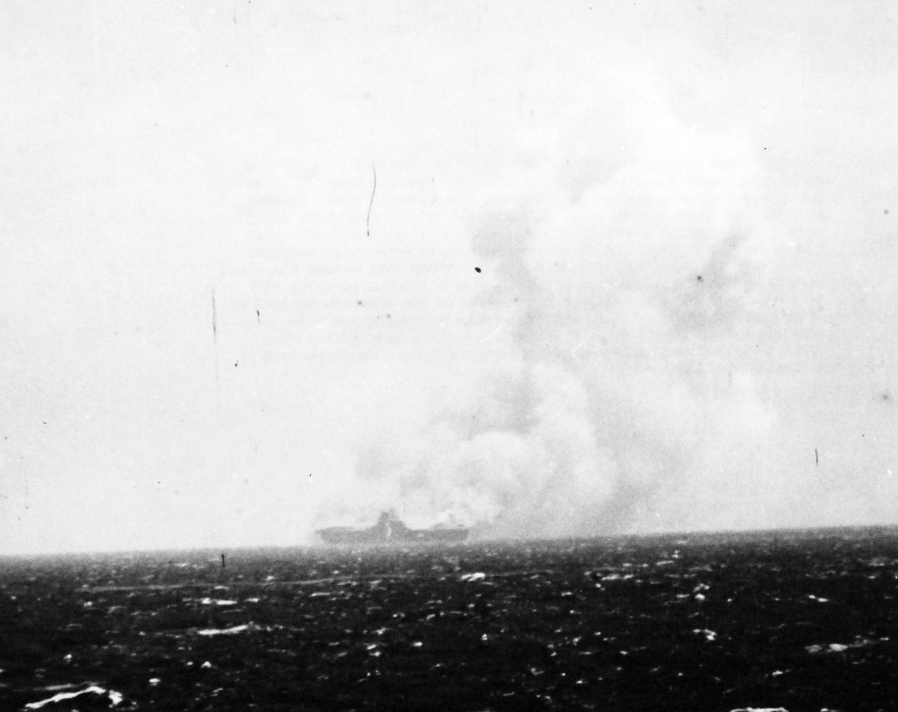 80-G-16350:   Loss of USS Wasp (CV 7), 15 September 1942.    Sinking of USS Wasp (CV 7) after being torpedoed by Japanese submarine I-19 on 15 September 1942.  She was engaged in covering the movement of supplies and reinforcements into Guadalcanal Island.   Photograph released on 27 October 1942.  (2014/06/12).