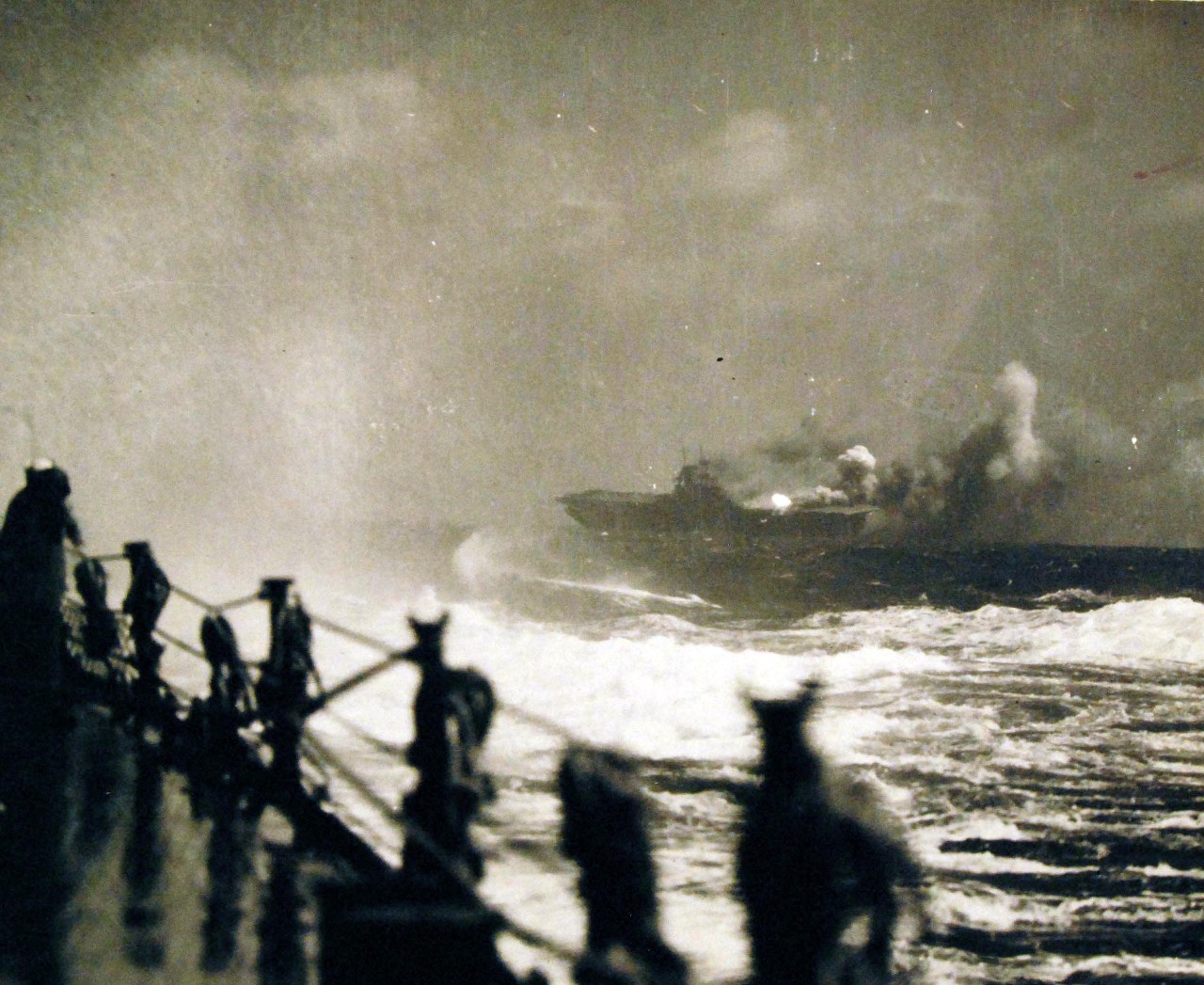 80-G-16352:   Loss of USS Wasp (CV 7), 15 September 1942.    Sinking of USS Wasp (CV 7) after being torpedoed by Japanese submarine I-19 on 15 September 1942.  She was engaged in covering the movement of supplies and reinforcements into Guadalcanal Island.   Photograph released on 27 October 1942.  (2014/06/12).