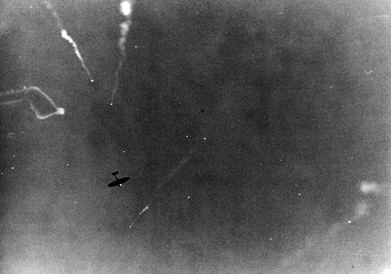 80-G-299842:  Battle of the Eastern Solomons,  24 August 1942.   Japanese dive bombers that attacked USS Enterprise (CV 6) during a period of 4 minutes somewhere in the South Pacific.  As seen from USS Portland (CA 33).     Official U.S. Navy Photograph, now in the collections of the National Archives.  (2016/07/05).