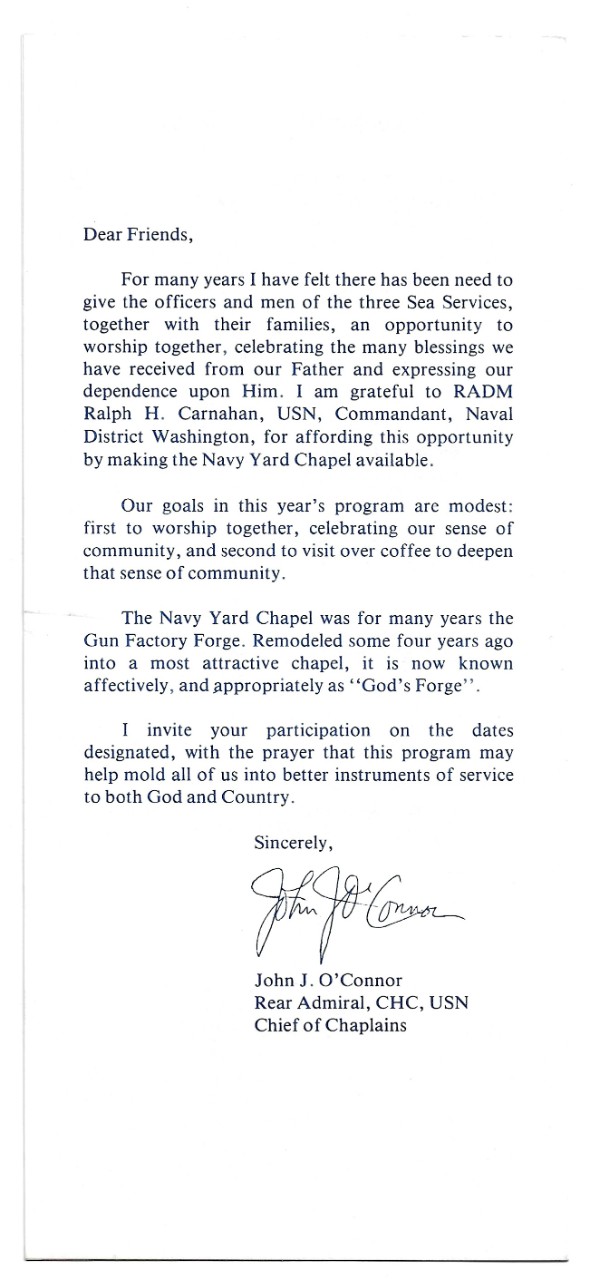 Washington Navy Yard Chapel. Sea Services Sundays pamphlet.  Services of Worship for Sea Service Personnel and Families in the Washington, D.C. area, circa 1977-1978.   U.S. National Museum of the U.S. Navy Archives Collection.  