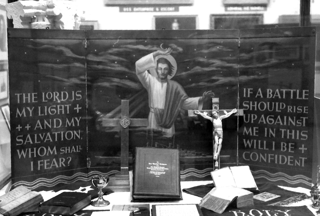 NMUSN-8   Navy Memorial Museum (now National Museum of the U.S. Navy), Chaplain’s Exhibit. This black and white photograph shows one of the cases utilized for the U.S. Navy Chaplain Corps exhibit on display at the museum for a couple of decades, circa 1970s. National Museum of the U.S. Navy Photograph.  