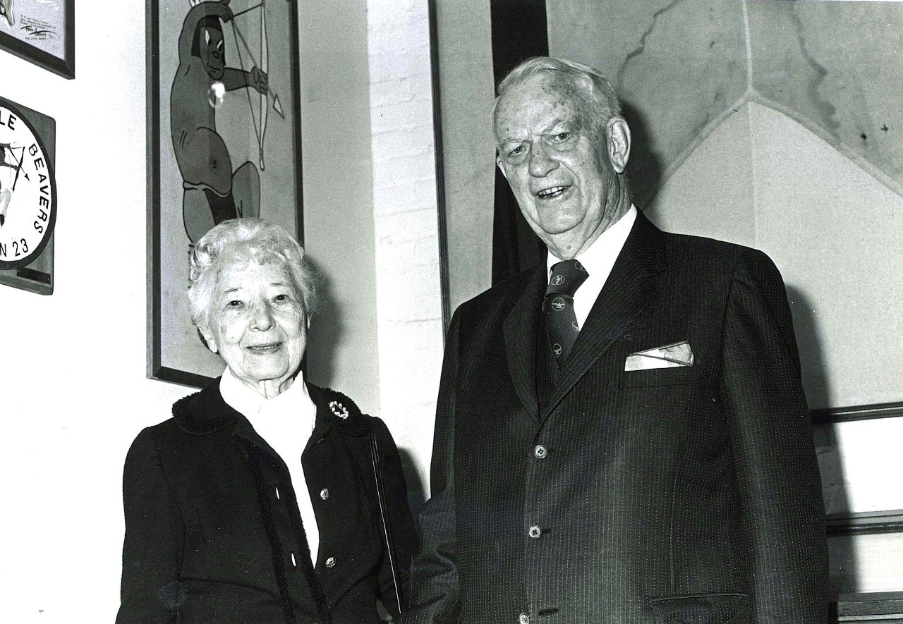 NMUSN-4406:  Mort Kunstler Art Exhibit, 1982.   Admiral Arleigh A. Burke, USN, (Retired) with his wife at the opening of the exhibit.    National Museum of the U.S. Navy Photograph Collection.  