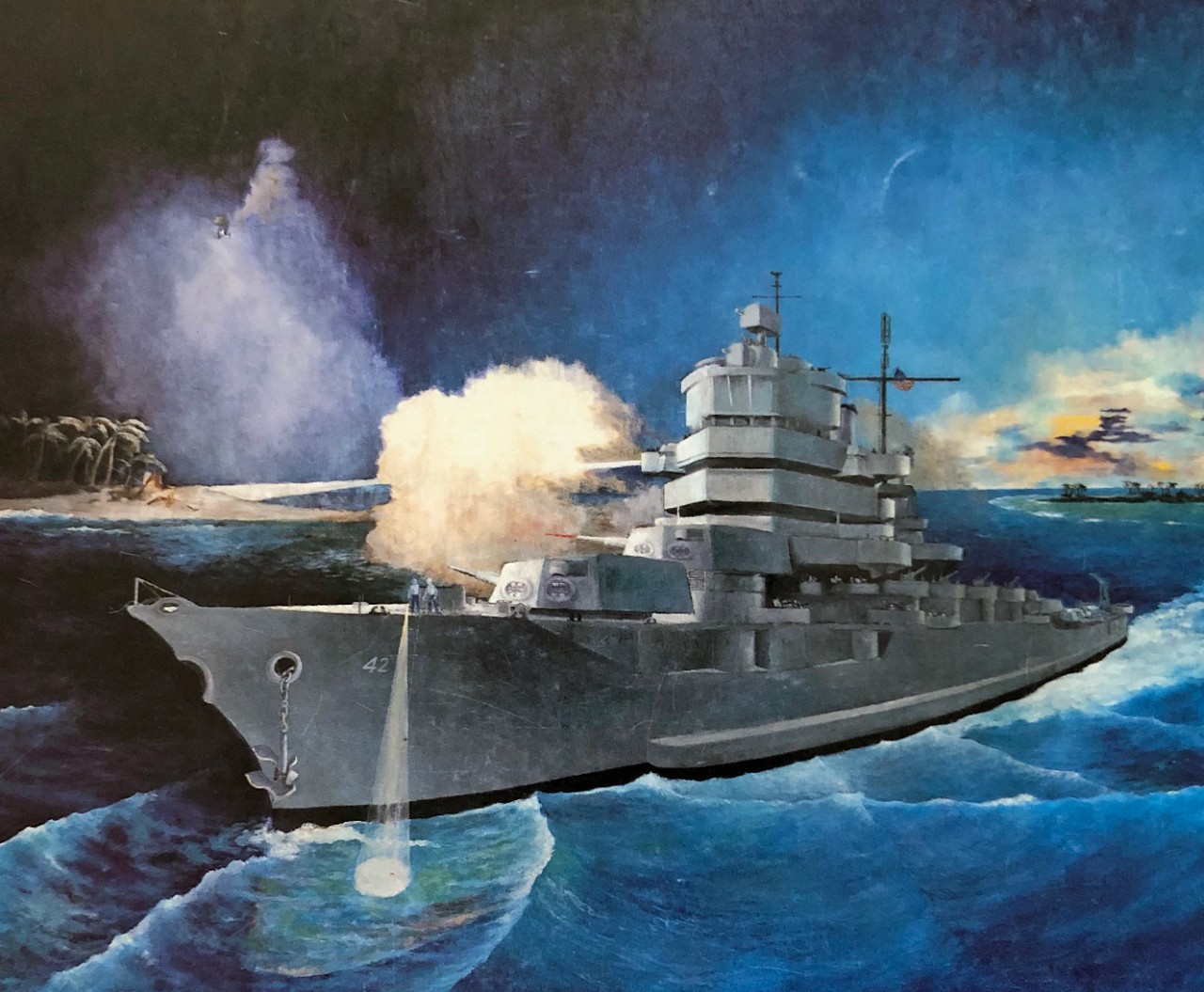 Point Blank Range.   USS Idaho (BB-42) fires main battery from lagoon at Kwajalein Island, January 1944.   Reproduction of the oil on canvas.    Artwork by Rear Admiral Donald V. Cox, USN, (Retired).   