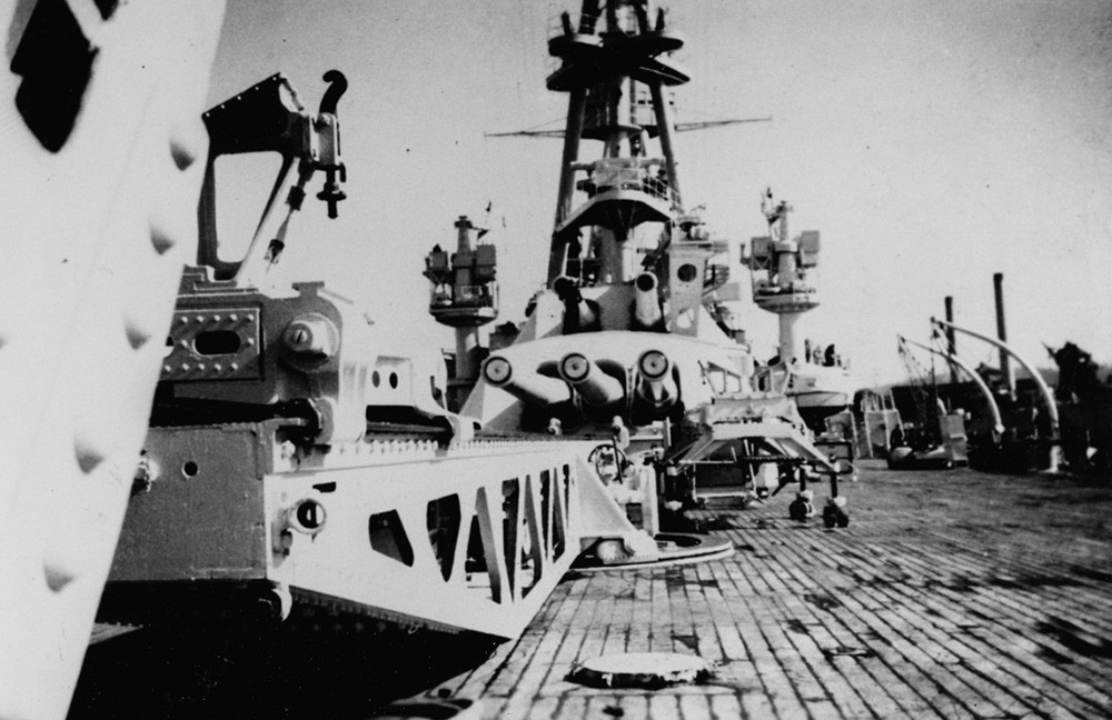 USS Oklahoma (BB-37), view looking forward from the fantail circa 1937.   Naval History and Heritage Photograph, NH 84013.  