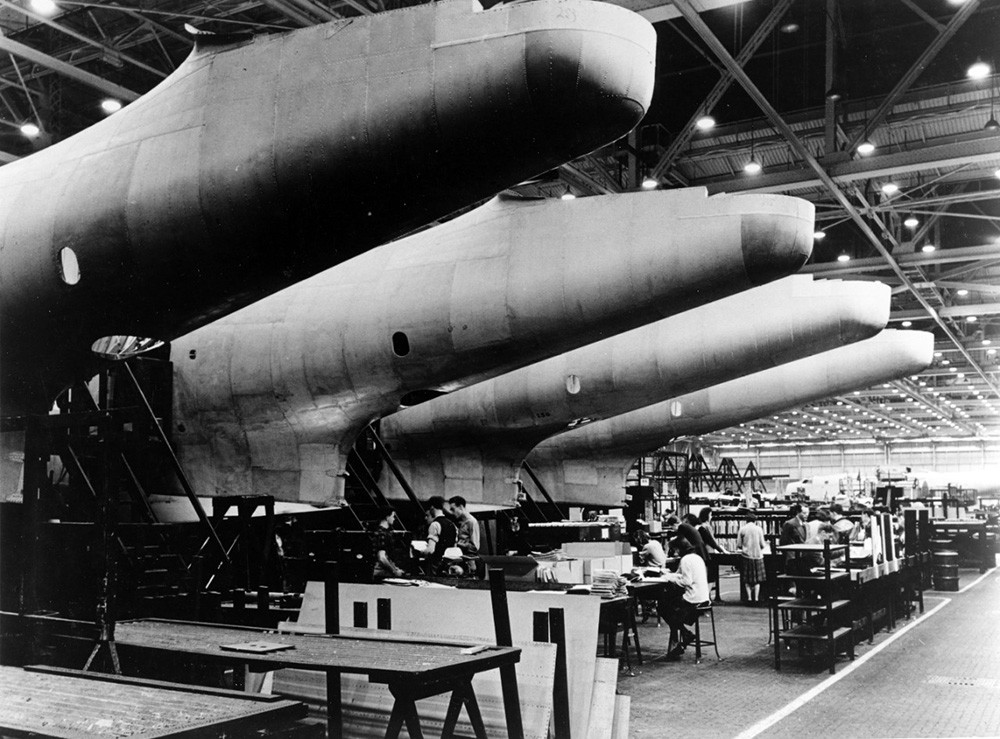 Glenn L. Martin Aircraft Factory, Baltimore, Maryland. Assembly of fuselages for PBM “Mariner” Patrol Bombers, February 1943. Photographed by Lieutenant Charles Fenno Jacobs, USNR. Official U.S. Navy Photograph, now in the collections of the Nati...