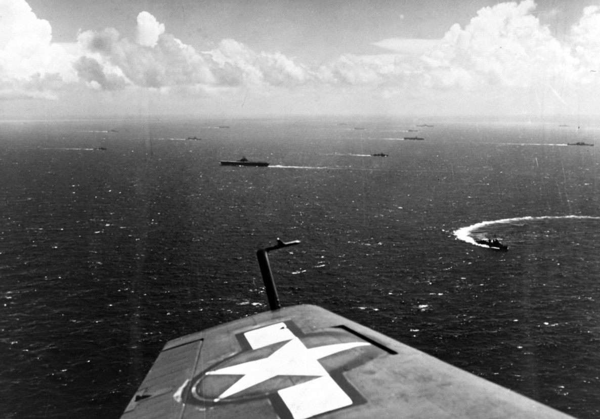 Wake Island Raid.   Carriers, destroyers, and cruisers of the Pacific fleet en route to raid Wake Island, circa early October 1943.    Official U.S. Navy Photograph, now in the collections of the National Archives:  80-G-472529. 