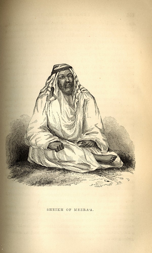 Sheik of Mezra’a  Lynch’s Narrative describes two sheiks: one Muslim and one Christian. His account does not clarify which of these two is depicted in this image.  Official Report of the United States’ Expedition to explore the Dead Sea and the River Jordan by Lieutenant William F. Lynch, Pg. 346.  Courtesy of the NHHC Navy Department Library.  