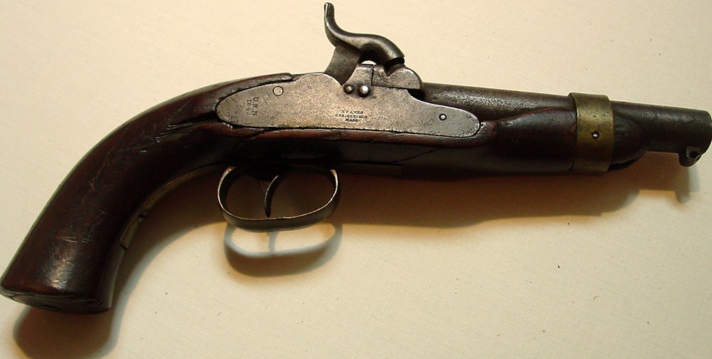 Ames Box Lock Pistol From 1843, the Ames Company of Chicopee, Massachusetts made percussion pistols, often called box lock pistols because of the hammer being inside the lock plate. It allowed easier handling when hung from a belt. Naval History ...
