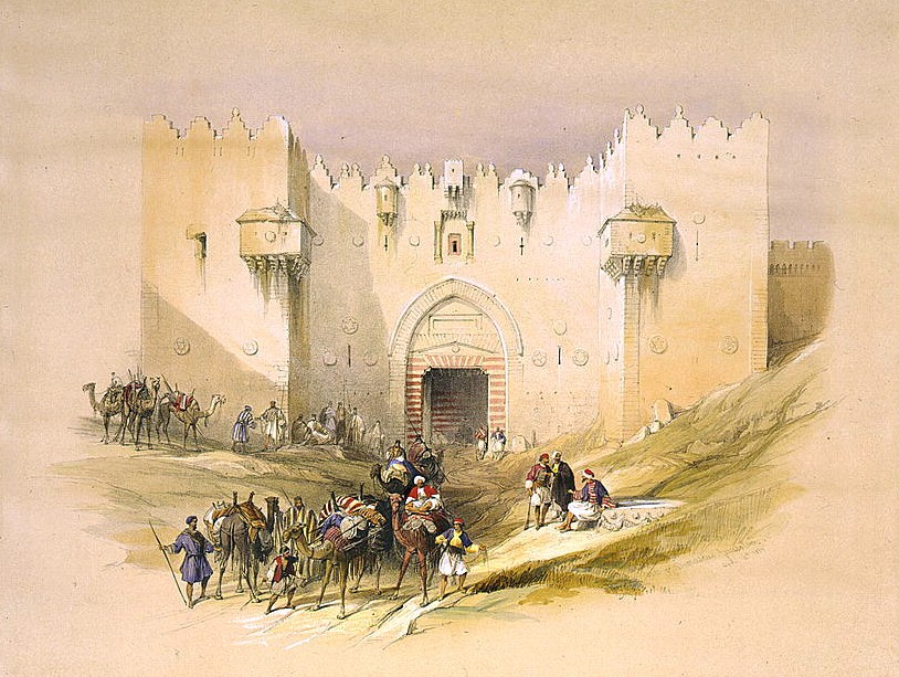 Gate of Damascus Jerusalem April 14th 1839 David Roberts  In 1848, Jerusalem had four functioning gates set in the 60 to 70 foot high walls: the Damascus Gate on the road leading north, the St. Stephen Gate on the eastern road, the Zion Gate to the south road, and the Jaffa Gate for the western road. The Golden Gate on the city’s east side had been blocked up centuries before.  Courtesy of the Library of Congress , LC-USZC4-3426