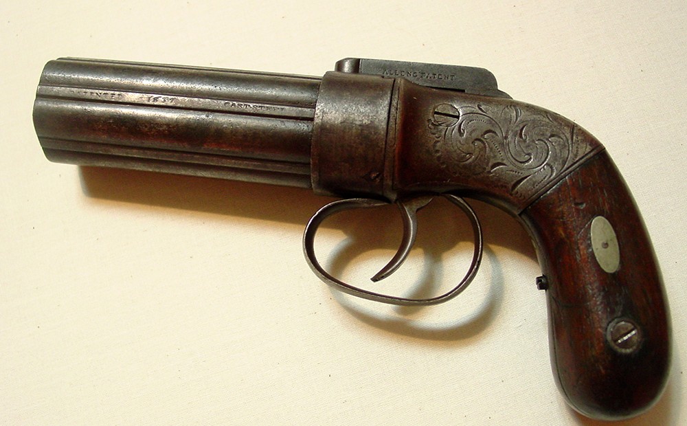 Allen’s .32 Caliber Pistol  Arthur Allen of Connecticut manufactured .32 Caliber Model, patented in 1837. Featuring a 6 shot revolving barrel, it found common use as a weapon for self-defense.   Courtesy, Howard L. Wheeler. 