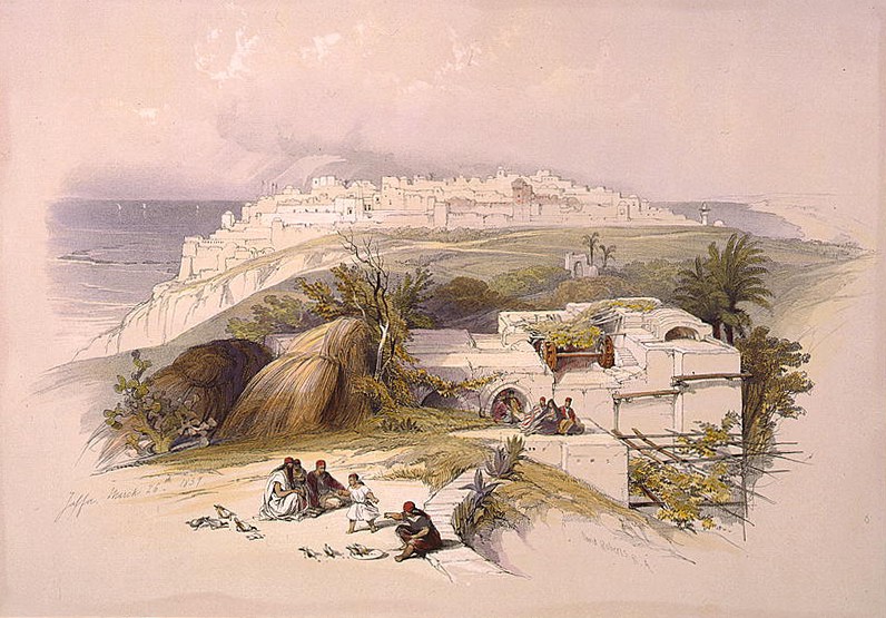 Jaffa March 26th 1839 David Roberts  The Lynch party rested a week in Jaffa reviewing the scientific records that the expedition had accumulated. The crew relaxed in an orchard owned by the American consul, Murad Scrapionis.  Courtesy of the Library of Congress, LC-USZC4-3480:   