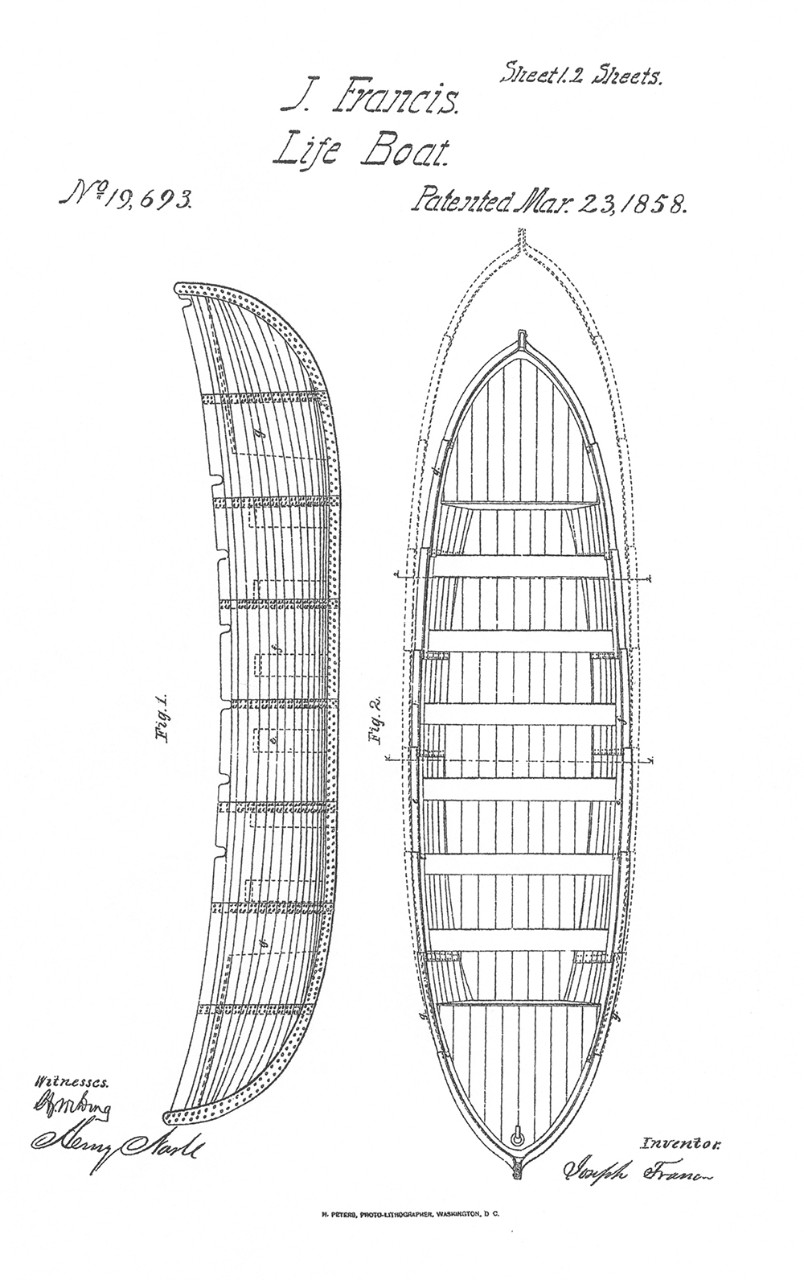 Lifeboat Patent Drawing Inventor and manufacturer Joseph Francis designed numerous small boats and lifeboats in the 1800’s, including the used on the Lynch expedition.