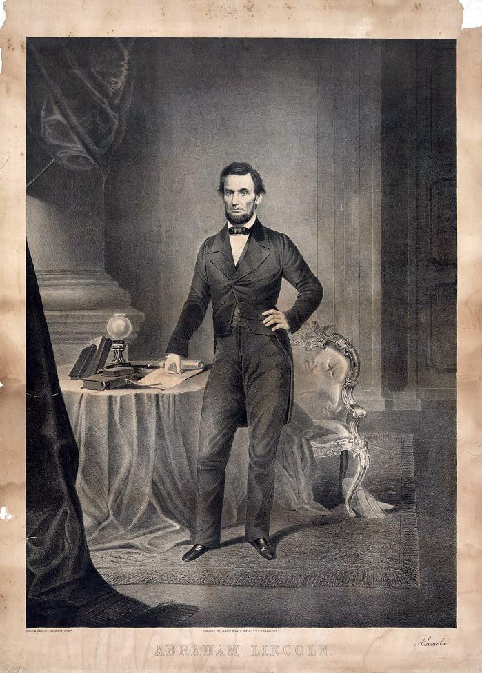 President Abraham Lincoln  Full-length portrait, standing, facing front.   Lithograph from Herline and Hensel, Philadelphia, Pennsylvania.     Courtesy of the Library of Congress, LC-DIG-PGA-03364.  