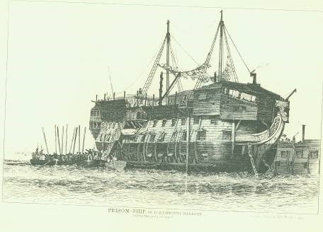 Prison ship in Portsmouth Harbor by E.W. Cooks, 1828.   Extracted from Cooke, E.W., Shipping and Craft, London, 1970.  Plate 27.   Courtesy of the Library of Congress. 