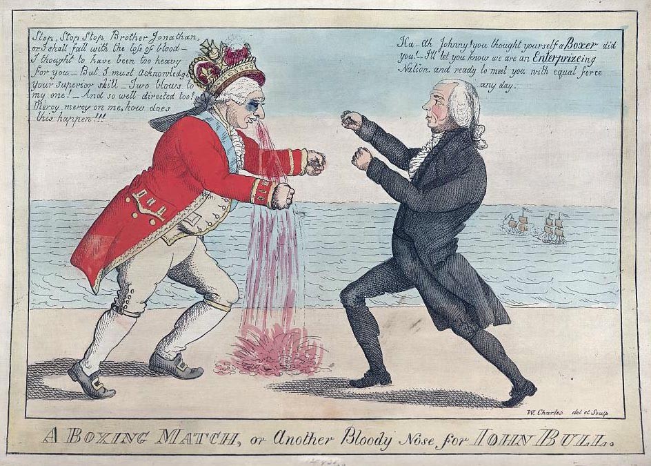 Boxing match or another bloody nose for John Bull Cartoon.  Courtesy of the Library of Congress, LC-USZC4-1131.