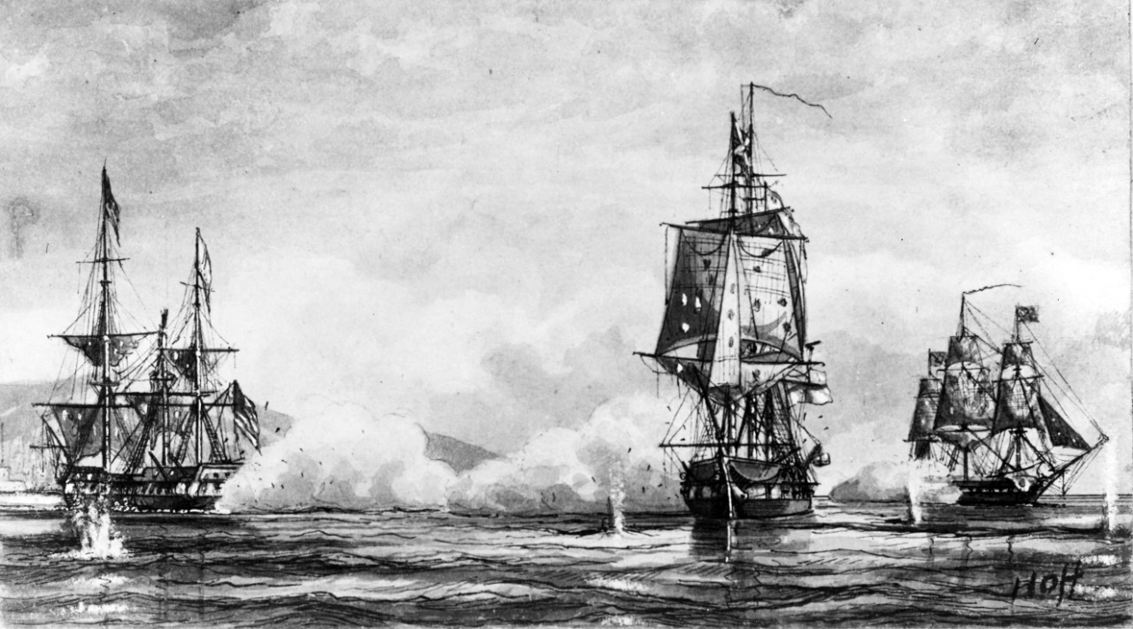 Frigate Essex versus HMS Cherub and HMS Phoebe.  NHHC Photograph Collection, NH 1528.  