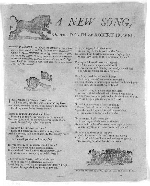 A New song on the death of Robert Howel, printed and sold by N. Coverly, Boston, 1811.  Courtesy of the Library of Congress, Portfolio 49, Folder 14