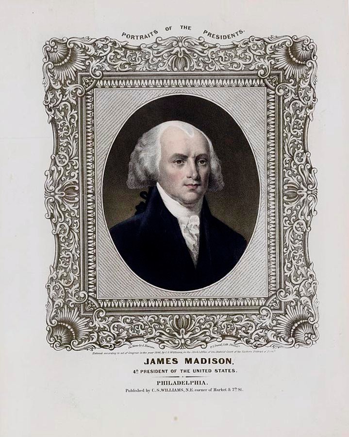 President James Madison.  Lithograph on stone by A. Newsam by P.S. Duvall, lithograph, 1840-1850.  