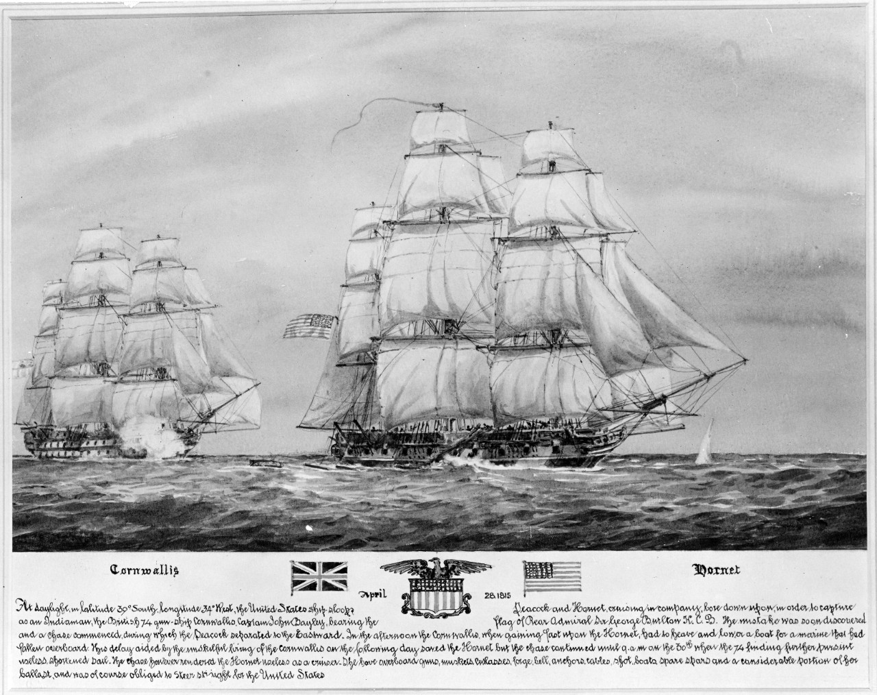 “HMS Cornwallis chases USS Hornet, April 1815”.  NHHC Photograph Collection, NH 42074. 