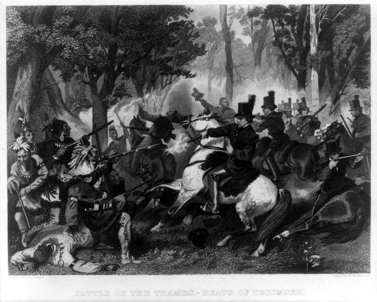 Battle of the Thames – Death of Tecumseh. Painted by A. Chappel ; engd. by W. Wellstood.  New York : Johnson, Fry & Co., c1857.  Courtesy of the Library of Congress,LC-USZ62-16868.