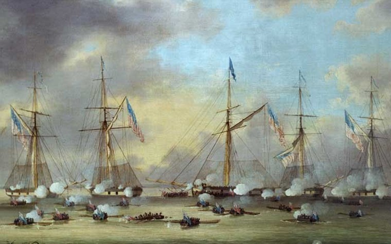 Battle of Lake Borgne, December 14, 1814.   Oil on Canvas, by Thomas L. Hornbrook.