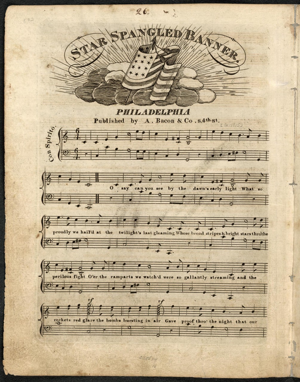 Star-Spangled Banner.   A. Bacon and Co., Philadelphia, PA, [ca. 1815].  Courtesy of the Library of Congress, M1630.3.S7M2.  