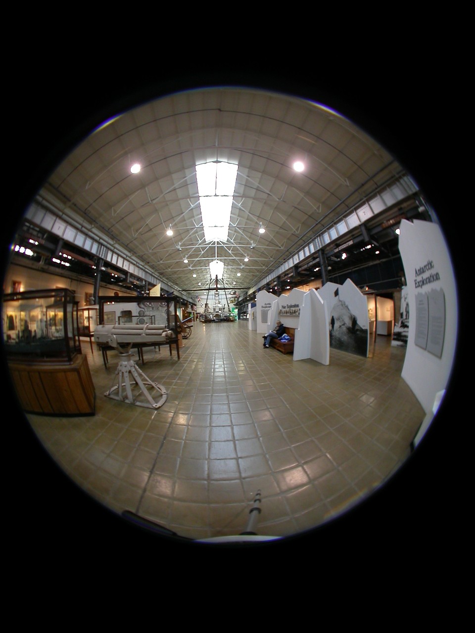 NMUSN-5238 (Color):   Fish Eye View of the Navy Museum, April 2004.    View shows the Polar Exploration and Navigation areas of the museum.   These were both dismantled during the 2018-2020 time-frame to make way for new exhibits for the New National Museum of the U.S. Navy.   National Museum of the U.S. Navy Photograph Collection.   