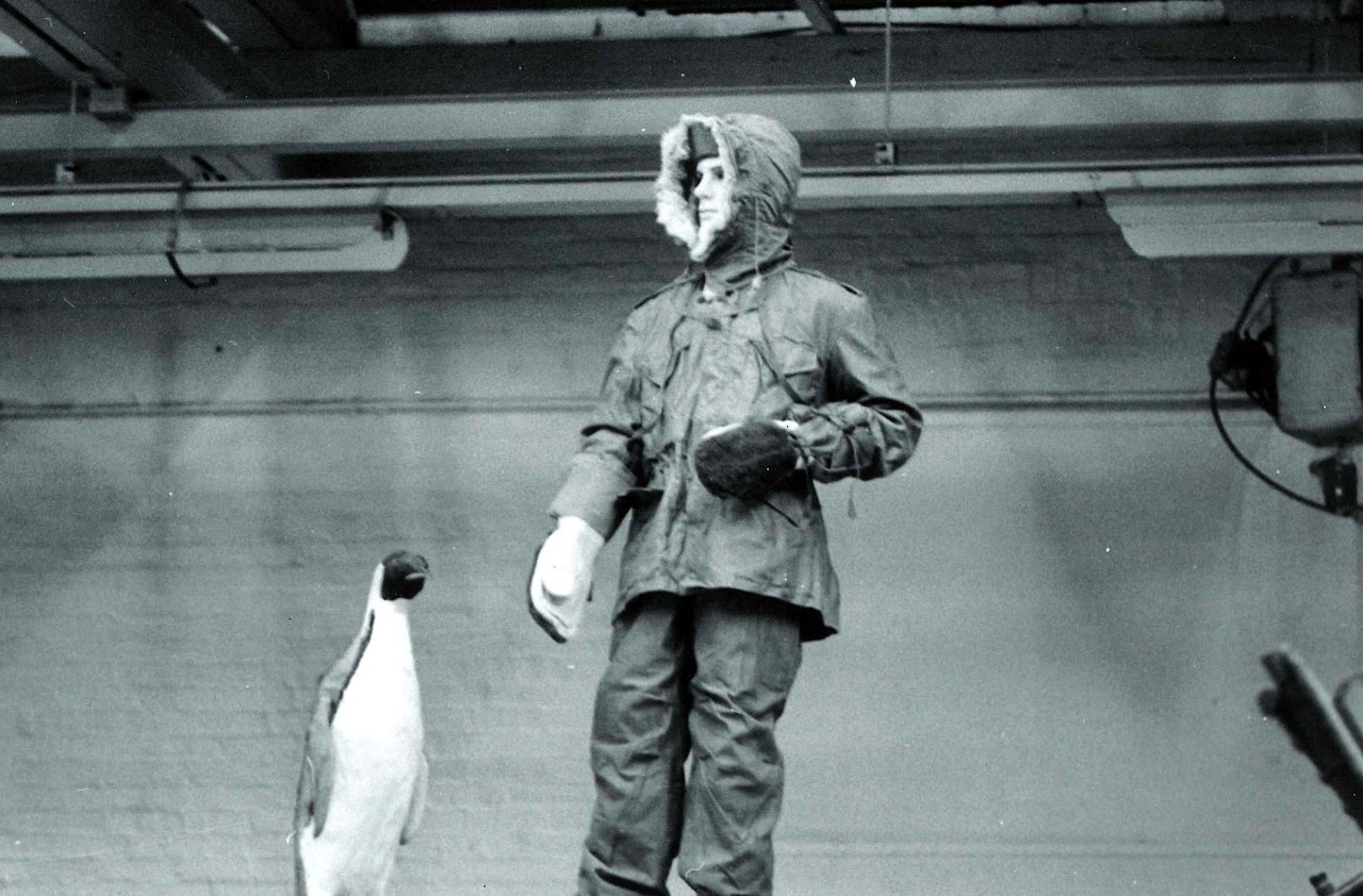 NMUSN-2608:   Polar Exhibit, late 1970s.    Rear Admiral Robert Byrd mannequin is positioned in a winter jacket along with a penguin by his side.   National Museum of the U.S. Navy Photograph Collection.
