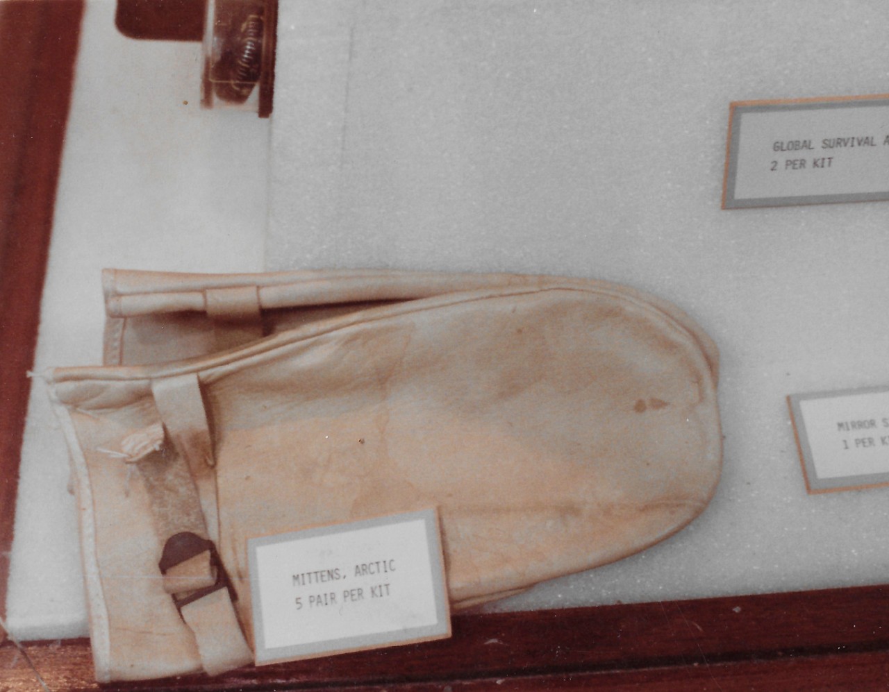 NMUSN-2184 (Color):   Polar Exhibit, 1984.    Arctic Mittens.    These artifacts were on display when the exhibit was a permanent exhibit at the National Museum of the U.S. Navy.    National Museum of the U.S. Navy Photograph Collection.  