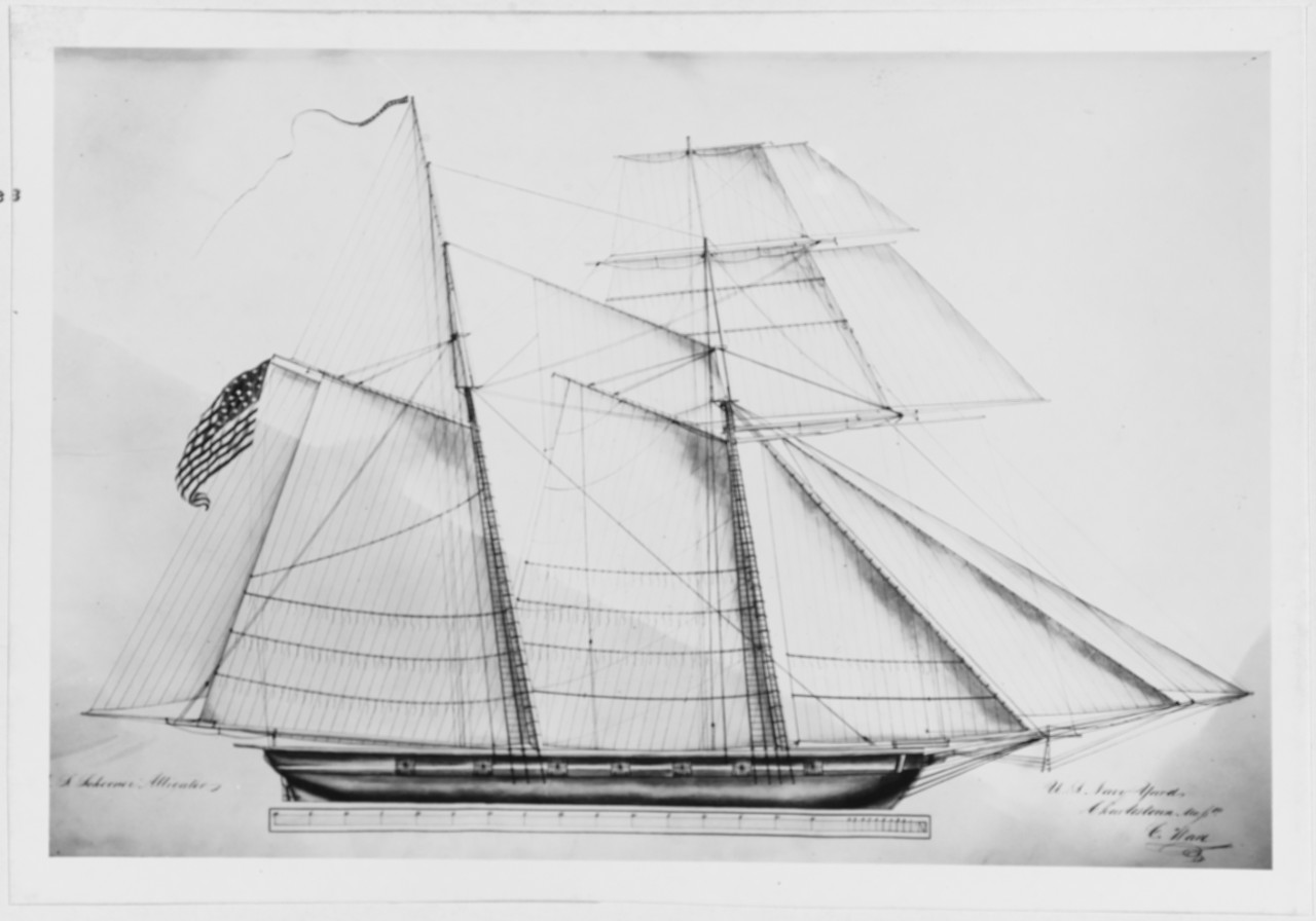 U.S. Schooner ALLIGATOR, 1821-23 Caption: Plan of spars and sails by C. Ware Boston Navy Yard circa 1840. Original plan in the National Archives.   NHHC Photograph Collection, NH 57010.