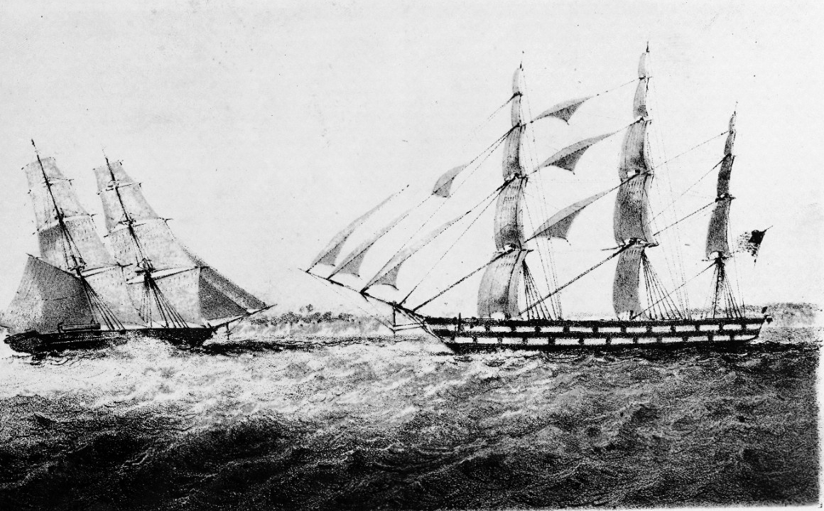 The brig Perry is shown capturing Martha, “off Ambriz,” 6 June 1850 while serving with the African Squadron.   Lithograph by Sarony & Co., New York.   NHHC Photograph Collection, NH 42703.  