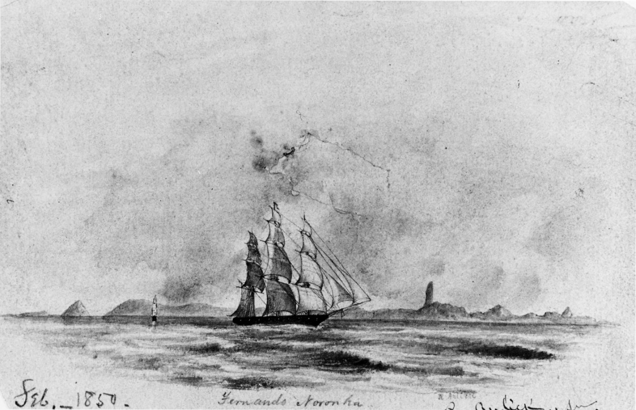Sloop-of-War Marion-- Pencil and wash drawing by Passed Midshipman Richmond Aulick, showing the ship off Noronha Island, Brazil, 1850.   Courtesy of the Navy Art Collection, NH 45433. 