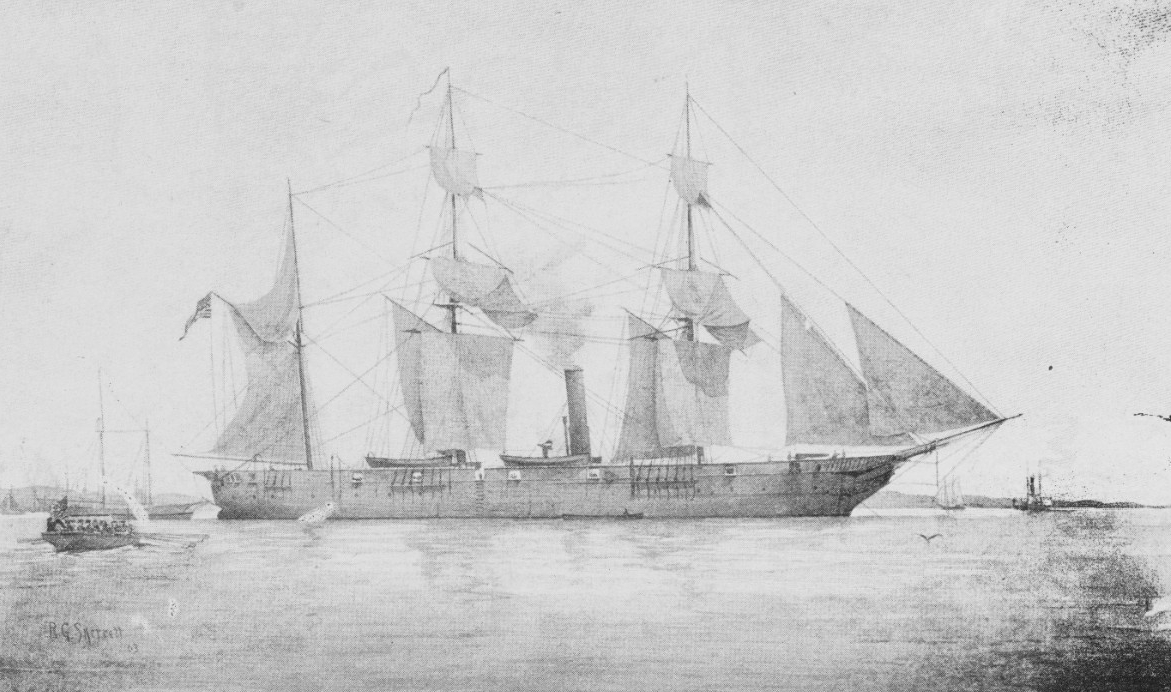 Screw Frigate San Jacinto, halftone reproduction of a wash drawing by R. G. Skerrett, 1903.   Courtesy of Navy Art Collection, NH 44955.