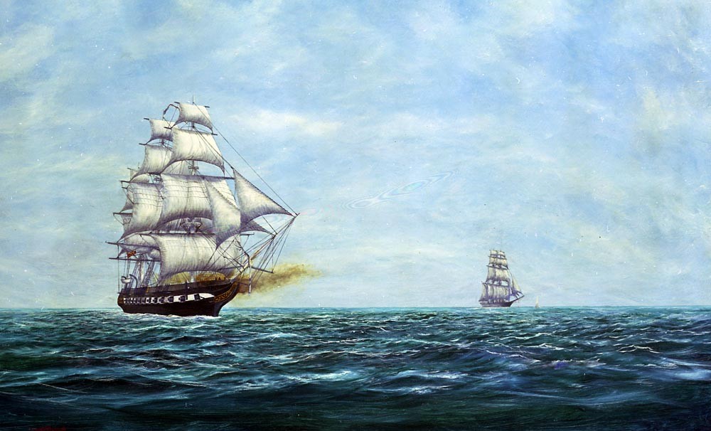 USS Constellation capturing the slaver bark Cora in 1860.   Artwork by Arthur L. Disney, Sr.   Courtesy of the Navy Art Collection.   NHHC Photograph Collection, NH 55353-KN (Color). 