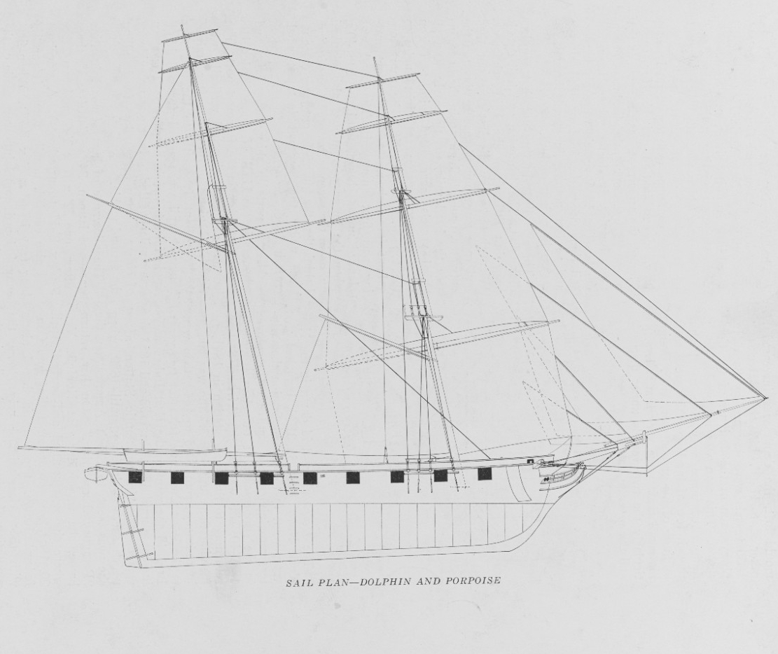 The brigs Dolphin & USS Porpoise sail plan copied from “The Mariner”, quarterly of the American Marine Society and Ship Model Society of New York, Volume 8, No.2, April 1934.   NHHC Photograph Collection:  NH 54530.   