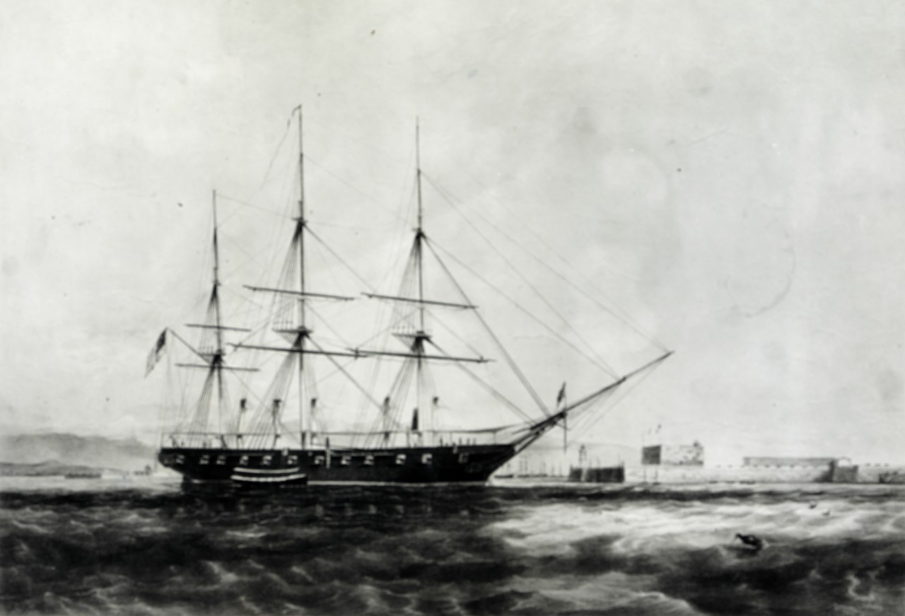 The sloop of war Saratoga.  From a sketch by Lieutenant Pierce Crosby.  Artwork by J. P. Newell.   NHHC Photograph Collection, NH 74245-KN (Color). 