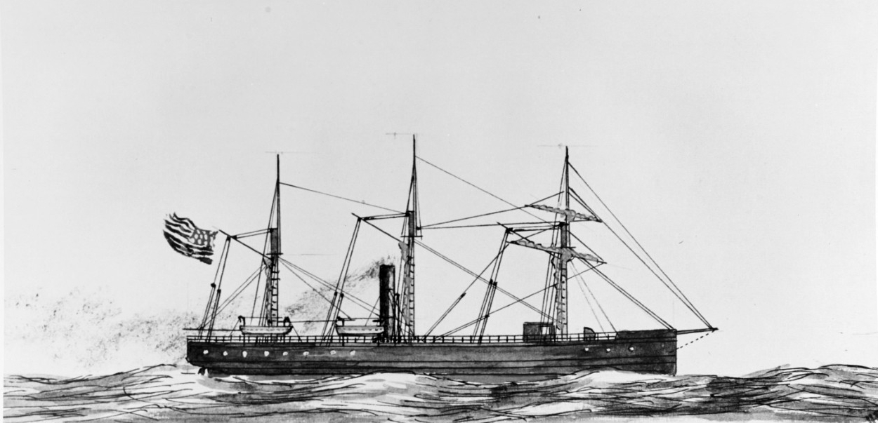 Steamship Mount Savage (1853).  Watercolor by Erik Heyl, prepared for use in his book "Early American Steamers", Volume III. This steamer was chartered by the Navy in 1858 for the Paraguay expedition, purchased in 1859 and served as USS Mystic until sold in June 1865. She was the civilian steamer General Custer in 1865-1868.  Courtesy of Erik Heyl.  NHHC Photograph Collection, NH 66993.