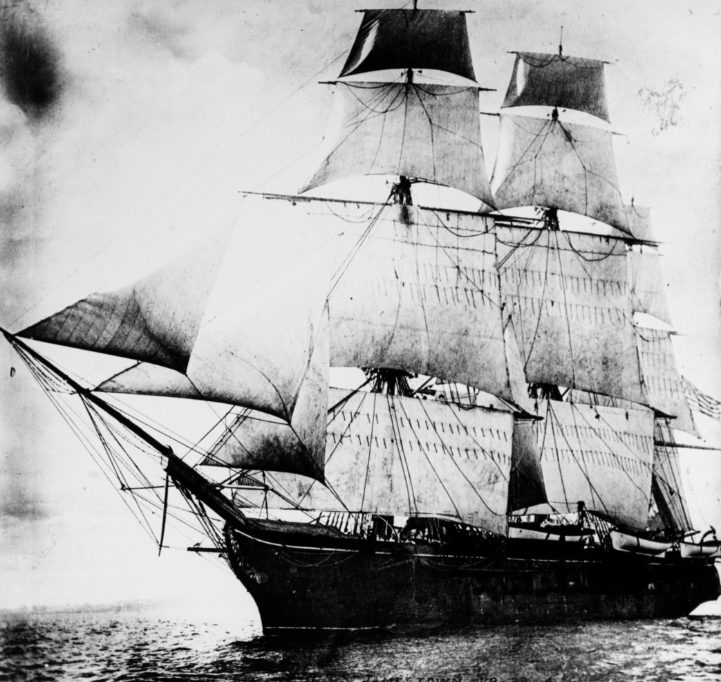 USS Jamestown, 1844-1912, under sail, circa the 1890s.  Courtesy of Captain R.W. Pond, USN, (Retired), 1976.  NHHC Photograph Collection, NH 85077.  